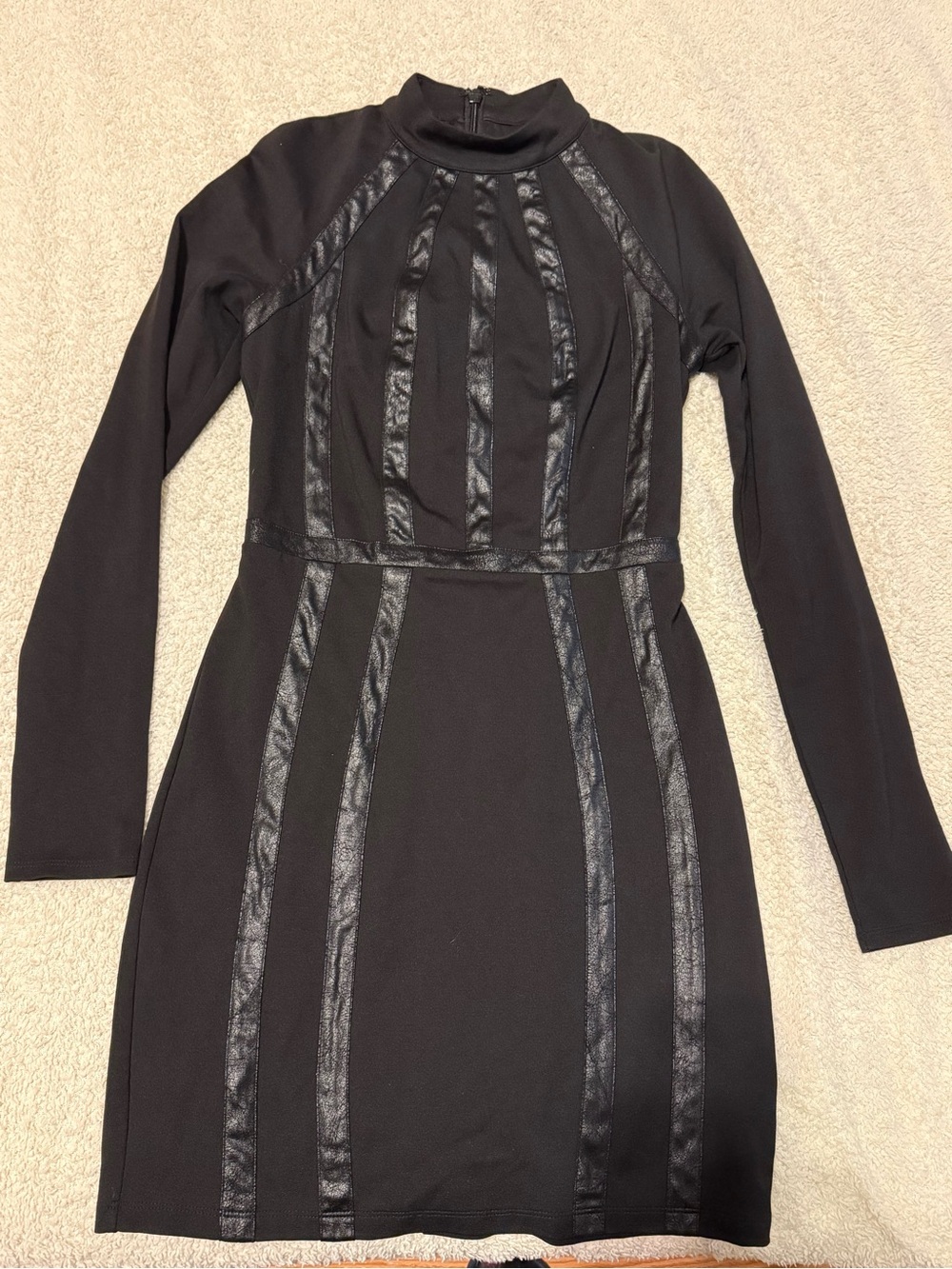 bebe Black Long Sleeve Mock Neck Bodycon Dress with Faux-Leather Panels